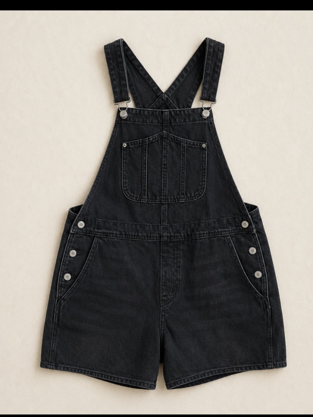 Old Navy Black Denim Shortalls Women Large Button Side Overall Shorts Streetwear